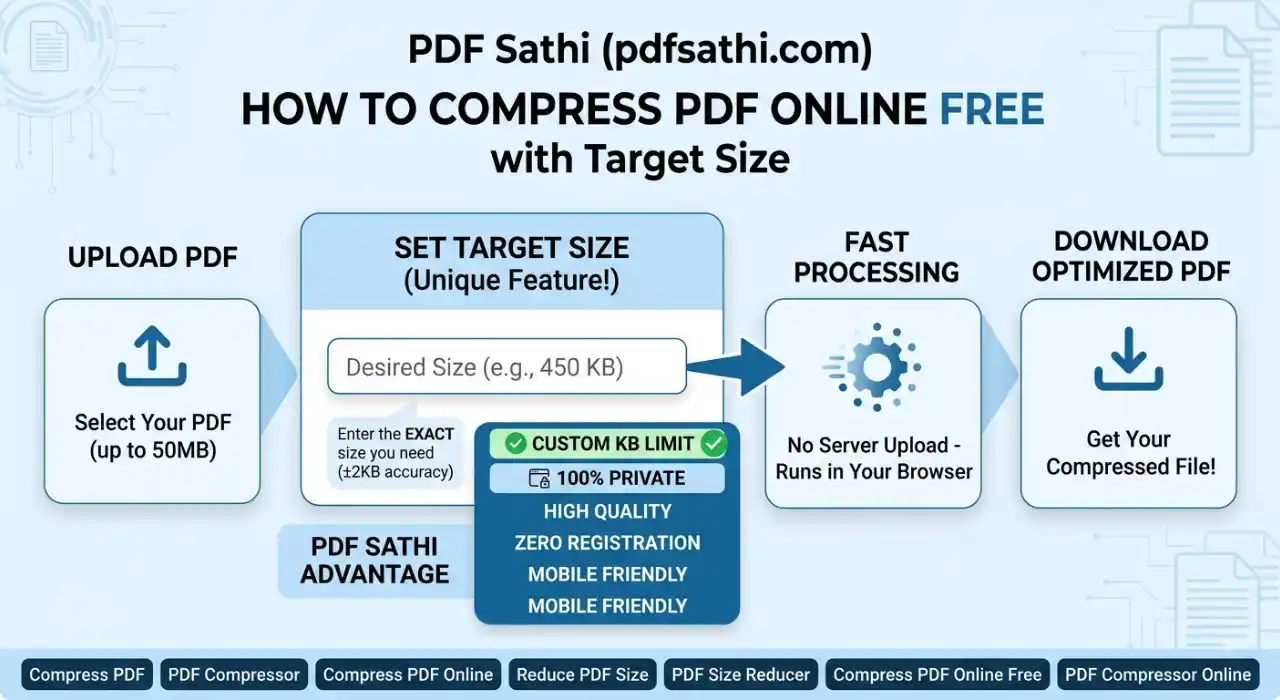Online Update Stm Tools tool interface showing target size PDF compressor setting custom KB limit